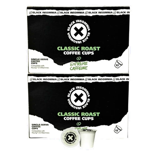 Black Insomnia Coffee Single Serve Pods For Use In Keurig Brewers - Strongest Coffee in the World - 24 Count