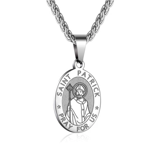 P. BLAKE Oval Saint Christopher/Michael/Joseph/Jude/Virgin Mary/Joseph/Francis/Patrick/Anthony/Benedict/Thomas Necklace for Men Women, Stainless Steel Catholic Patron Pendant with Chain 24 Inches