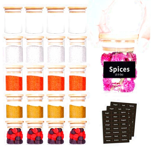 SAIOOL 20 Pack - 2.5 FL OZ (73ml) Mini Spice Jars with Wood Lid, Easy to Clean-BPA Free & Dishwasher Safe -Try filling with Spices, Herbs,Beans, Gifts, Wedding Party Favors, DIY and more