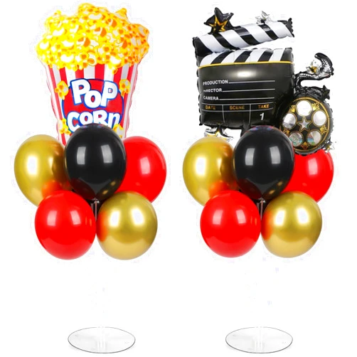 Naozinebi Movie Night Party Balloons Stand Kit 2 Sets with 2 Popcorn Clapboard Foil Balloons Black Red Gold Party Balloon Centerpiece for Tables for Birthday Camera Film Movie Party Decoration