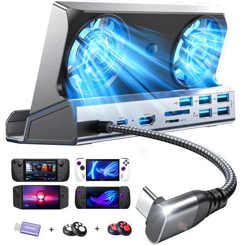 LISEN 10-IN-1 Docking Station for Steam Deck OLED&ROG Ally X&Legion Go, Dual Cooling Fan 5 USB Ports and 4K@60Hz, 100W Charging Port Support ROG Ally 30W Mode, Gigabit Ethernet Fit for Steam Deck OLED