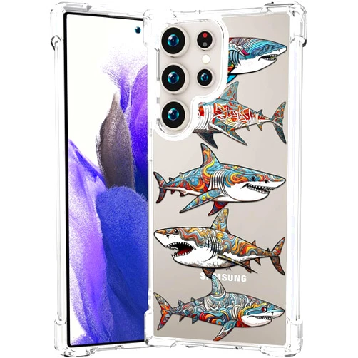 CCFUNCASE Compatible with Samsung Galaxy S24 Ultra Case Clear Cute for Women - Rugged Phone Case Funda Protector Cover Skin para Galaxy S24 Ultra (Shark Tattoo Fish Stylized Pattern Animal)