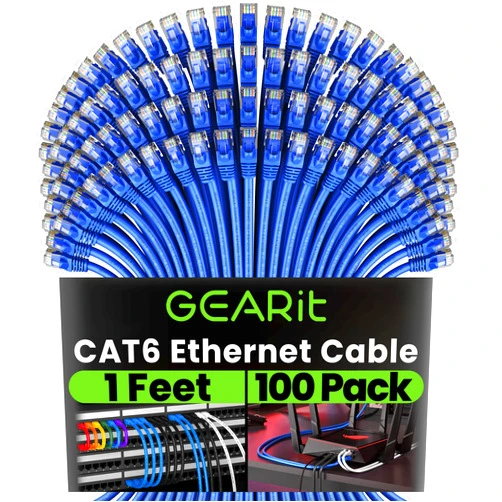 GearIT Cat 6 Ethernet Cable (100-Pack 1 Foot) Cat6 Network Patch, 10Gbps, RJ45, Snagless Cord, Gold-Plated Connectors, Internet for PC, TV, Tablet, Router, Printer, Servers, IT Data Center - Blue