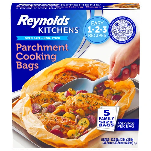 Reynolds Kitchens Parchment Cooking Bags, Family Size, Non-Stick Parchment Cooking Bags for the Oven and Microwave, Oven-Safe up to 425 Degrees, Great for Quick Family Meals, No-Mess Cleanup, 5 Pack