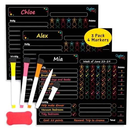 Oyster&Pop Black Magnetic Chore Charts for Multiple Kids & Adults - 3Pcs Dry Erase Chore Boards Set with 4 Fine Tip Chalk Markers - Responsibility & Reward Charts for Family Organization on Your Refrigerator