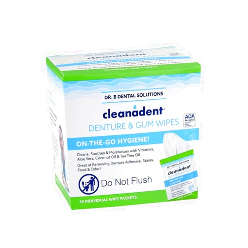Dr. B Dental Solutions Cleanadent Dental Wipes, Denture Cleaner Removes Adhesives, Food, Stains, and Odor 30 Count Pack of 2