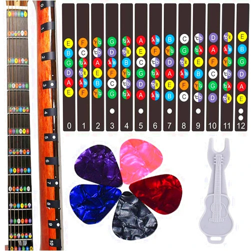 Kimlong Guitar Fretboard Stickers, Kimlong Color Coded Note Decals Fingerboard Frets Map Sticker for Beginner Learner Practice Fit 6 Strings Acoustic Electric Guitars with 5 Guitar Picks & 1 Bridge Pin Puller