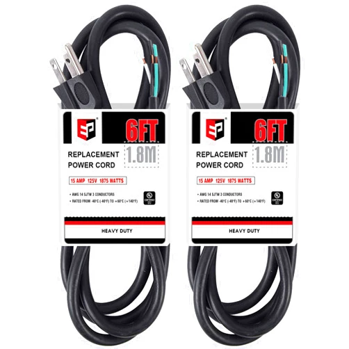 EP 2 Pack 6 ft 14/3C SJTW Appliance and Power Tool Cord, 14 Gauge 3 Prong Heavy Duty Replacement Power Supply Cord Cable, 110V 115V 120V AC Pigtail, 15A, 1875w