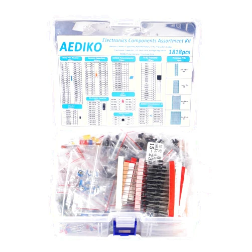 AEDIKO Electronics Components Assortment Kit (1818pcs) Electrolytic Capacitor, Ceramic Capacitor, LED Diode, Common Diode, Resistor, Transistor Component for Electronic DIY Project