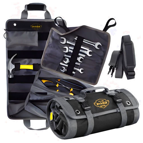 The Ryker Bag Black Pro Tool Roll – Heavy-Duty Canvas Roll-Up Tool Organizer w/detachable pouches for Bolts, Sockets & Small Power Tools for Electricians, Plumbers, HVAC Techs & DIY Professionals