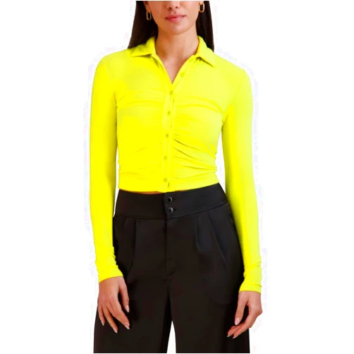 BCBGeneration Womens Long Sleeve Collar Neck Rouched Front Button Down Knit Top