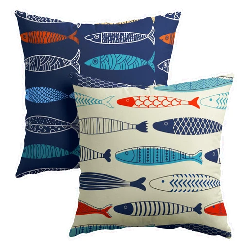 Granbey Fish Throw Pillow Covers Decorative Cotton Linen Pillowcases Colorful Fish Pillow Case Set of 2 Nautical Theme Square Cushion Covers for Sofa Bedroom Couch Home Outdoors