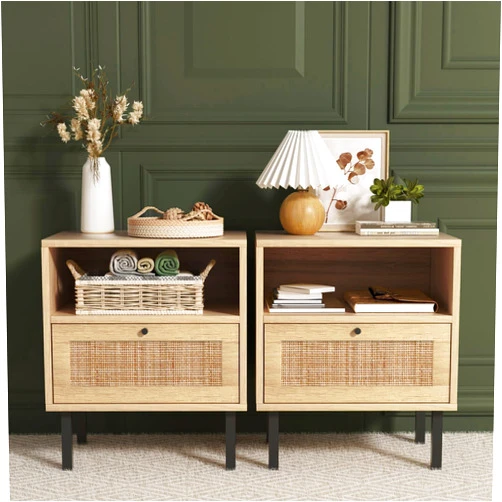Angel Sar Rattan Nightstands Set of 2, Boho Night Stand with 1 Door, Accent End Table, Wood Bediside Table with Metal Legs&Open Shelf, Natural Wood
