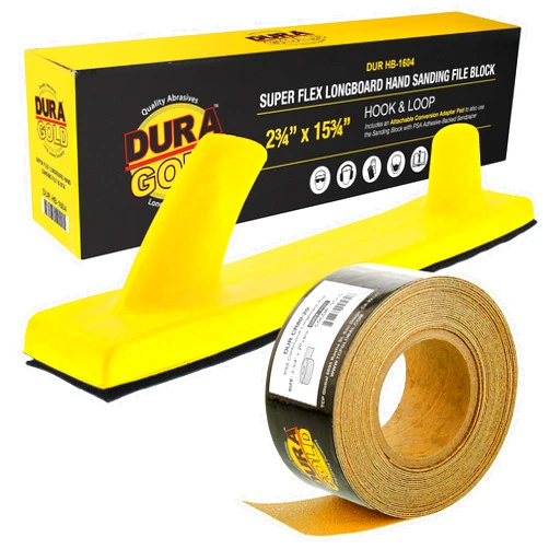 Dura-Gold Pro Series Super Flex Longboard Hand Sanding File Block with Both Hook & Loop Backing and PSA Backing Conversion Adapter Pad with 80 Grit Gold PSA Longboard Sandpaper
