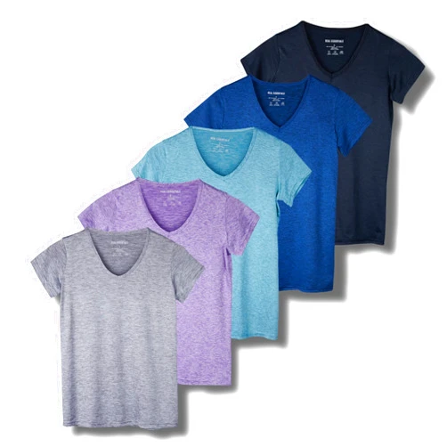 Real Essentials 5 Pack: Women's Short Sleeve V-Neck Activewear T-Shirt Dry-Fit Wicking Yoga Top (Available in Plus)