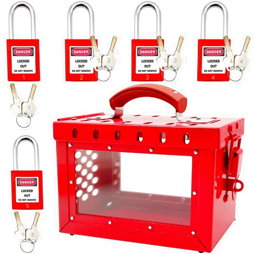 SAFBY Lockout Tagout Box Kit Portable Safety Group Padlock Box with 5 Loto Locks Lock Out Tag Out Station