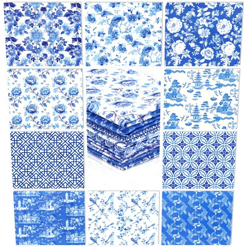 Hahafelt 10 Pcs Chinoiserie Fabric Bundles 18 x 22 Inch Floral Fabric Blue and White Porcelain Quilting Strips for Quilting Crafting Blue and White Floral Precut Patchwork for Sewing DIY Crafts