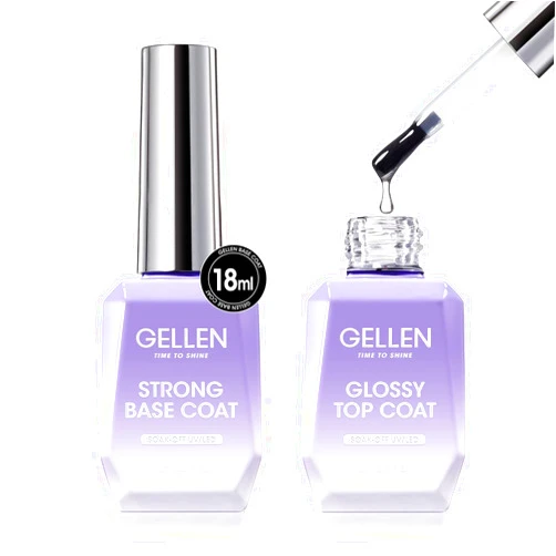 Gellen Gel Top Coat and Base Coat 2 Pcs 18ml Superior Base Coat Top Coat Set No Wipe Soak Off Ultra Glossy Top Coat Gel Nail Polish UV LED Clear Nail Polish Long Lasting for 28+ Days