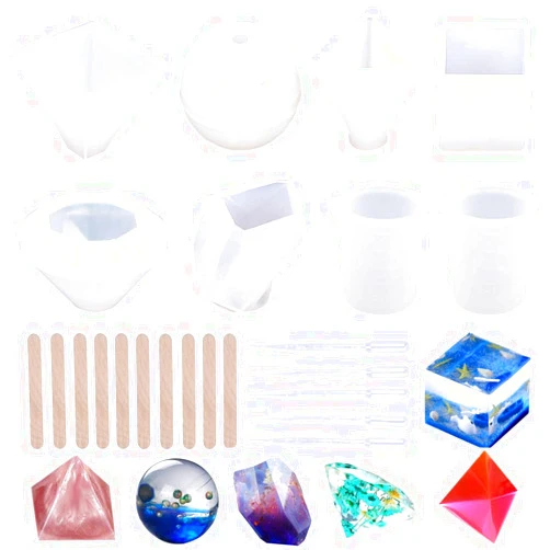 Etetevn 23Pcs DIY Home Decoration - Silicone Resin Casting Molds Tools Set Includes 6 Resin Casting Molds Large Clear Silicone Molds 2 Measurement Cup 10 Wood Sticks 5 Dropper