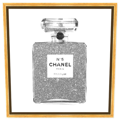 The Oliver Gal Artist Co. Fashion and Glam Framed Wall Art Canvas Prints 'Silver Classic Number 5' Perfumes Home Décor, 20 in x 20 in, Gray, White