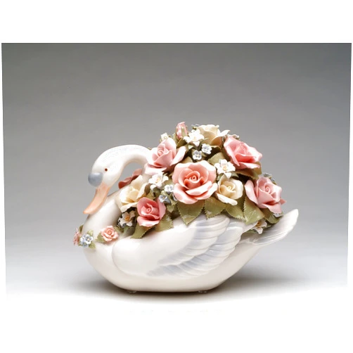 Cosmos Gifts Fine Porcelain Elegant Swan with Abundant Blossom Pink Rose Flowers Music Box Figurine
