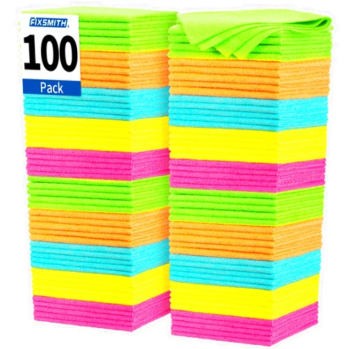 FIXSMITH Microfiber Cleaning Cloth, 100 Pack Shop Towels, Lint-Free Car Wash Towels, All-Purpose Absorbent Cleaning Rags for Housekeeping, Dust Cloth for Office, Mechanic, Automotive （12inx12in）