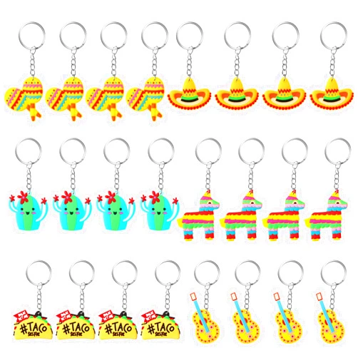 MTLEE 24 Pack Mexican Keychain Fiesta Party Favors - Cactus, Sombrero, Cinco De Mayo, Donkey, Maraca, Taco, Guitar Keychains for Fiesta Themed Party