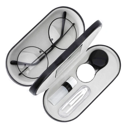 MoKo Double Eyeglass Case, Contact Lens Case with Mirror Tweezers Remover, 2 in 1 Double Sided Portable Contact Lens Box Holder Container Soak Storage Kit Sunglasses Pouch for Men & Women, Black