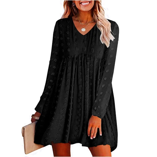 KIRUNDO Womens Dresses 2024 Spring Summer Long Sleeve Mini Dress V Neck Flowy Casual Swiss Dot Loose Babydoll Dress