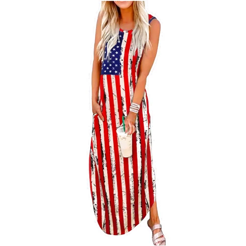 LLHXRUI American Flag Maxi Dress for Women 4th of July Patriotic Long Tank Dress Casual Loose Pocket Dresses