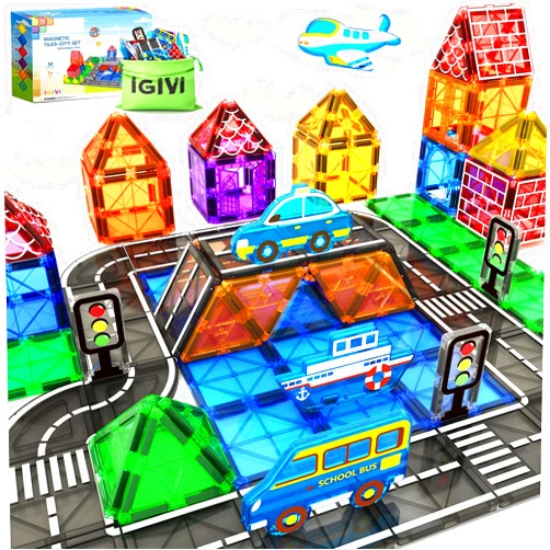 IGIVI Kids Toys Magnetic Tiles - Road Set With Car Toys for 3+ Year Old Boys & Girls, Magnet Building Blocks Expansion Pack, STEM Construction Toys for Ages 5-7 4-8, Christmas Birthday Gifts for Toddlers