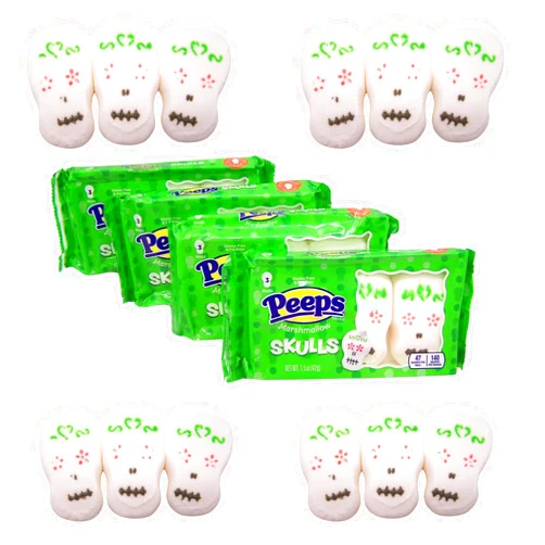 Wowser Peeps Marshmallow Candy Sugar Skulls, Halloween & Fall Candy, Halloween Basket Stuffers, Dessert Toppings, Pack of 4, 1.5 Ounces