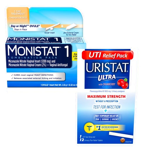 Monistat 1-Day Yeast Infection Treatment, Prefilled with Uristat Ultra UTI Relief Pak, Test for Urinary Tract Infection, Experience Urinary Pain Relief, 1 UTI Test Strip & 12 Pain Relief Tablets