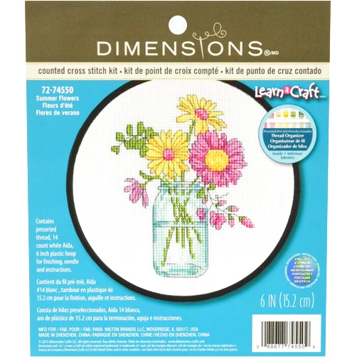 Dimensions Summer Flowers Counted Cross Stitch Kit for Beginners, White 14 Count Aida Cloth, 6'' D