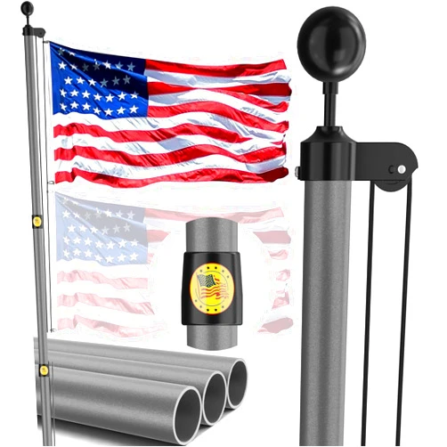 IIOPE 30FT Heavy Duty Flag Pole,14-Gauge Aluminum,Resist Strong Wind Reinforcement Ring Patent,Sectional Black Residential Flagpole Complete Kit - USA Flag, Black Ball, Aluminum Clips