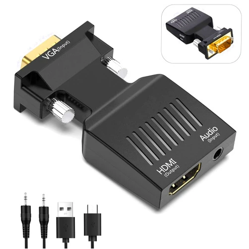 Shuomeng VGA to HDMI Adapter Converter with 3.5mm Audio, PC VGA Source Output to TV/Monitor with HDMI Connector, Active Male VGA to Female HDMI 1080P@60Hz Video Dongle adaptador for Computer,Laptop,Projector