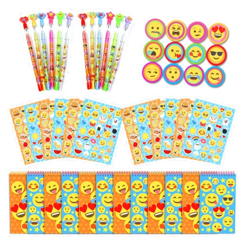 TINYMILLS Emoji Birthday Party Favor Set (12 multi-point pencils, 12 stampers, 12 sticker sheets, 12 small spiral notepads) Emoji Pencils Emoji Stampers Emoji Notepads Emoji Stickers
