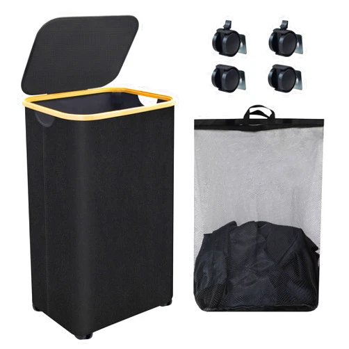 KALLODEAR 100L Laundry Basket with Wheels, Large Rolling Laundry Basket with Lid and Handle, Collapsible Laundry Hamper with Removable Inner Bag, Suitable for Clothes Toys Towels - Dark Blue