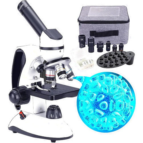 Thcbme Beginners Monocular Microscope - Dual LED Illumination (40X-2000X) with Phone Adapter, AC Adapter, Carrying Case - Microscope for Adults and Kids