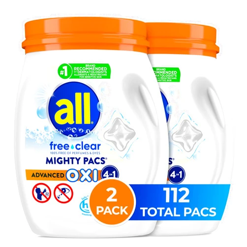 All Mighty Pacs Laundry Detergent with OXI Stain Removers and Whiteners, Free Clear, 56 Count, Pack of 2, 112 Total Loads