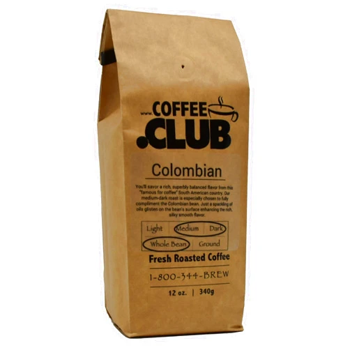 CoffeeUSA.com Coffee Club Colombian Coffee - Medium Roast - 12 oz. - Whole Bean - Single Origin - Small Batch Roasted