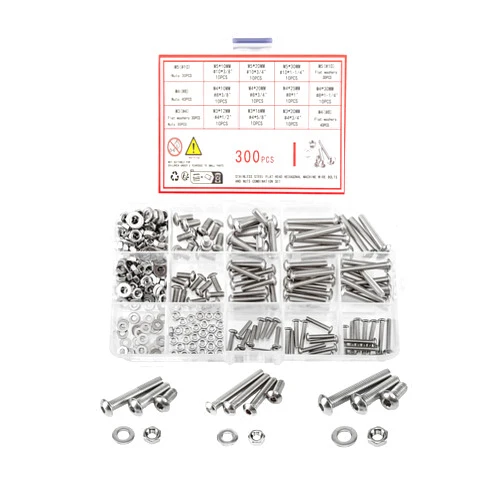 Wugongshan 300 Pcs Button Head Socket Cap Screws Bolts and Nuts and Flat Washers Assortment Kit, M3/M4/M5 Stainless steels Hex Socket Head Screws Nuts and Bolts and Locking Washers Set