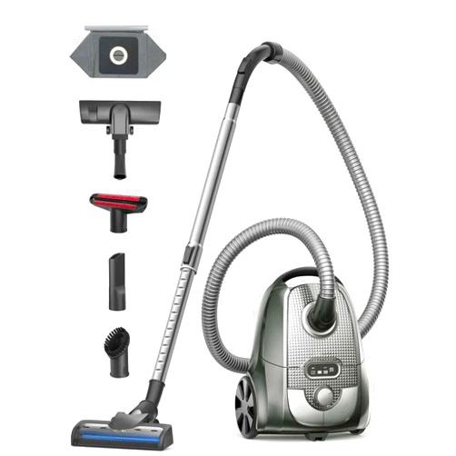 HawKam 1300W Bagged Canister Vacuum Cleaner with 5 Tools & 3.5L Capacity, H13 HEPA Filter, Automatic Cord Rewind, Turbo Pet Brush for Home Carpets, Hardwood Floors, Pet Hair, Silver