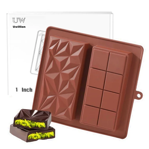 UWILLION Deep Chocolate Bar Mold Silicone 1 Inch Dubai Pistachio Chocolate Bar Thick Mold for Stuffed Bar, Large Candy Mould for Filling, Brown