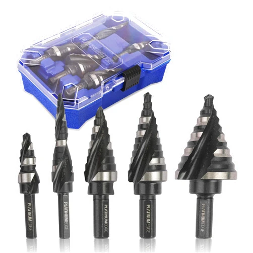 PLATINUMEDGE Step Drill Bits Set, 5 Pieces SAE, High Speed Steel Step Bits with 50 Total Step Sizes, Double Flute Cutting Blades, Nitride Black Coating and Polished