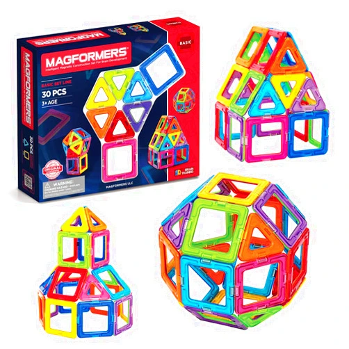 Magformers Basic Set (30 pieces) magnetic building blocks, educational tiles, STEM toy - 63076 , Rainbow