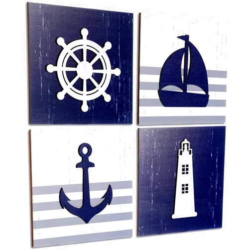 Jetec 4 Pieces Nautical Wall Decor Anchor Ship Wheel Sailboat Lighthouse Wooden Sign Rustic Beach 3D Wood Print Sign Beach Bathroom Wooden Plaque Decor Ocean Coastal Theme Ocean Decor (Dark Blue, White)