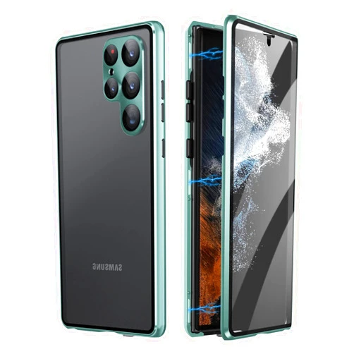 LUWAY Lockable Magnetic Case Glass Case for Samsung Galaxy S23 Ultra/S23 Plus/S23 Safety Lock 360 Full Body Double Sided Glass Bumper Case Clear Cover,Green,for S23