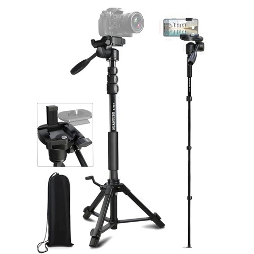 NIANYISO Camera Tripod 69 Inch, Patented 3-Way Swivel Portable Phone Tripod Professional Aluminum Alloy Travel Phone Camera Stand Monopod for Canon Nikon GoPro DSLR, DV Video Camcorder, Smartphone Black