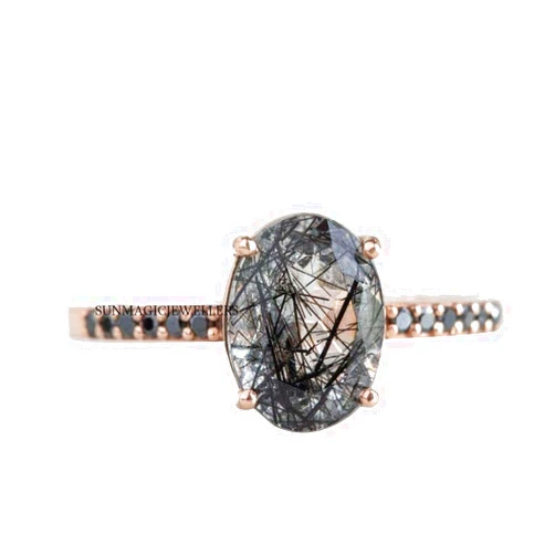 Handmade Magic Black Rutilated Quartz Ring,6 * 8mm Stone Tourmalinated Quartz Ring, Faceted, Rutilated Quartz Ring, Black Rutilated Quartz Engagement Ring